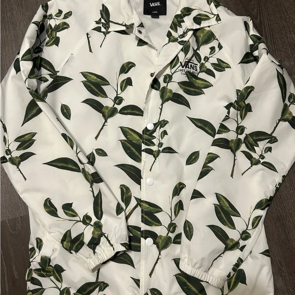 Vans Torrey Rain Windbreaker White Jacket with Green Leaf Design Mens Large